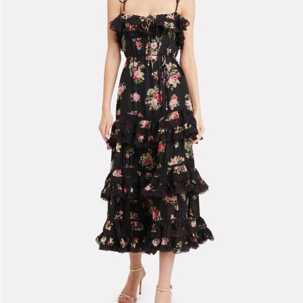 Zimmermann Honour Floral-print Tiered Silk Midi Dress In Black- siz… - Picture 6 of 15